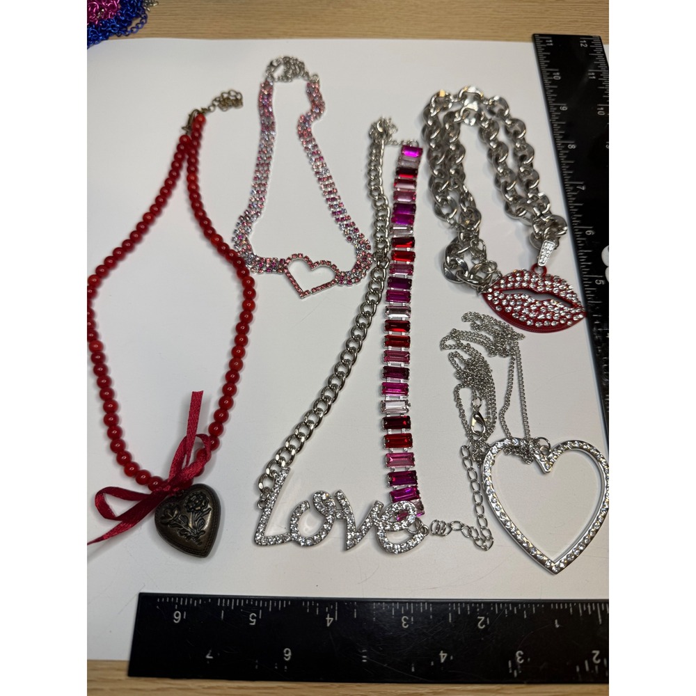 6pc Romantic Jewelry Lot Rhinestone Heart Love Lips Locket Necklaces Red Pink